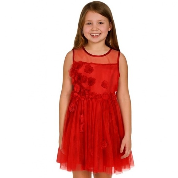 Nanette Lepore Dress Holiday Girls Red Flower Applique Tulle Party Size 14 New - Picture 1 of 8